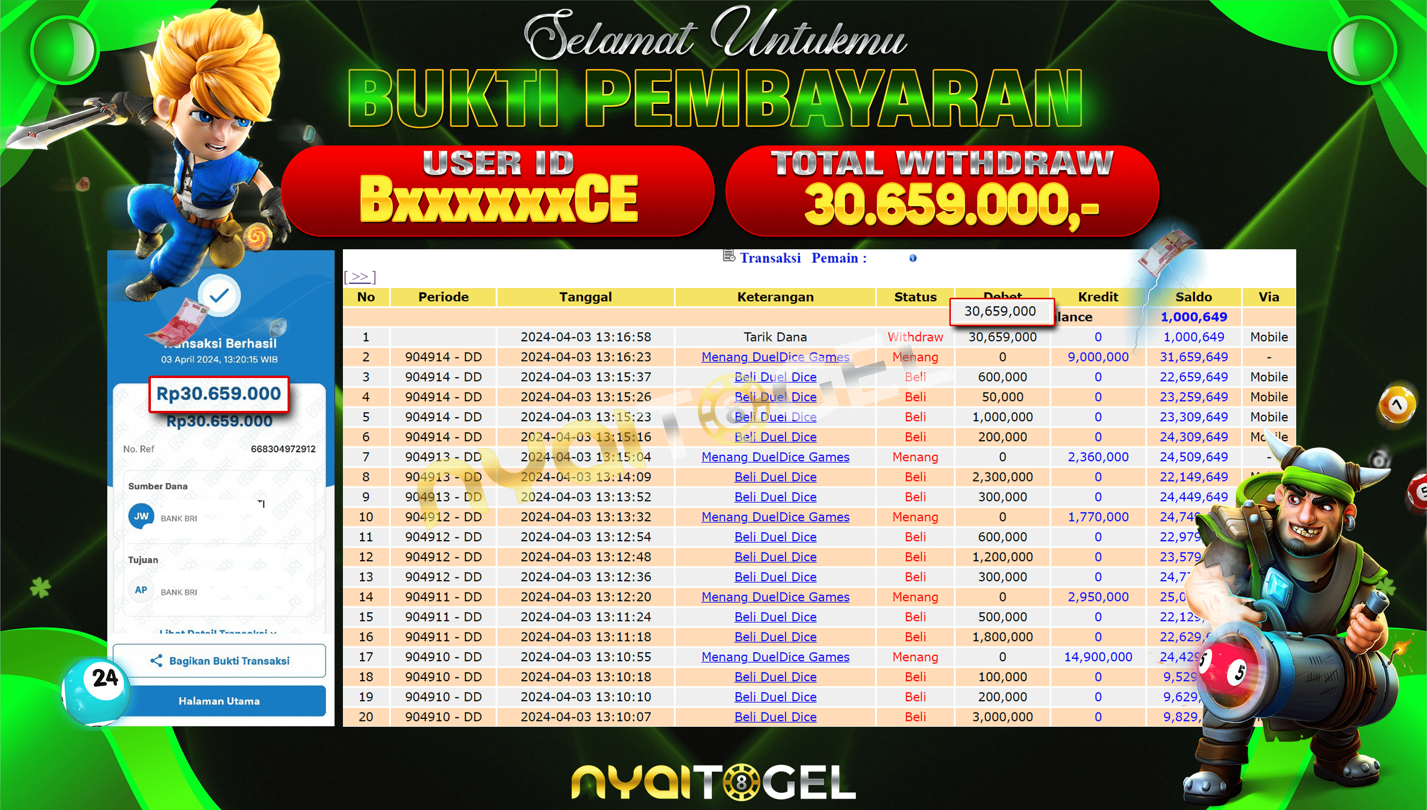 NYAITOGEL Bukti Jackpot Livecasino Di Duel Dice Rp.30.659.000,-